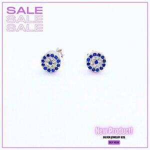 Silver earrings with blue zircon for women with rhodium plating,